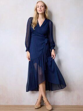 Navy Swiss Dot Wrap Dress Tiered, Lined Maxi dress Size M